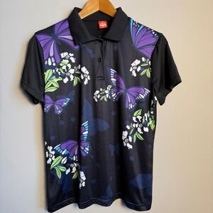 SPORT-DRI Butterfly Floral Print Womens Compression Fit Polo Shirt Black X-Large